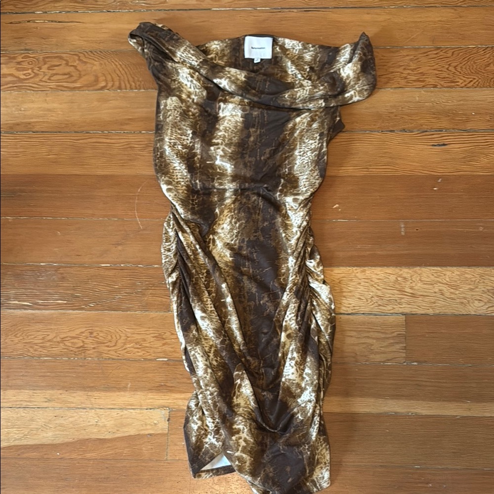 Reformation Brown Snake-Print One-Shoulder Dress